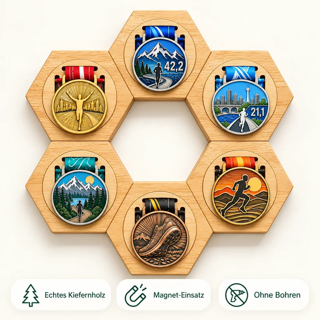 Six wooden honeycomb display frames, each holding a race medal